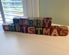 Vintage MERRY CHRISTMAS Painted Wood Building Blocks Candlestick Farmhouse picture