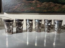 Sterling silver overlay shot glasses.  Vintage from Mexico, 1960s.   Set of six. picture