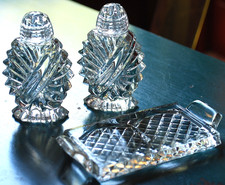 Vtg Set Pressed Depression Glass SALT & PEPPER SHAKERS Glass Lids w/Undertray picture