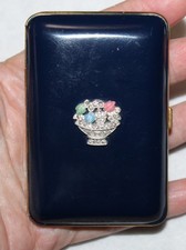 Antique 1930s Mondaine Blue Enamel Diamond Flower Basket Makeup Book Compact picture