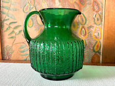 Vintage Green Textured Ribbed Stippling Art Glass Pitcher with Applied Handle picture
