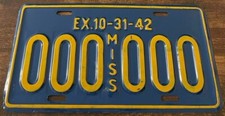 Vintage 1942 Mississippi Sample License Plate 000 000 WWII Year Embossed STEEL picture