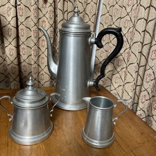 ANTIQUE 3pc INTERNATIONAL SILVER CO.  PEWTER COFFEE POT CREAMER & SUGAR   picture