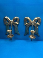 Vintage Pair of Brass Bow Candle Sconces Holders Gold  picture