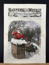 ORIGINAL 1874 THOMAS NAST HARPER’S WEEKLY HAND-COLORED SANTA CHRISTMAS COVER picture