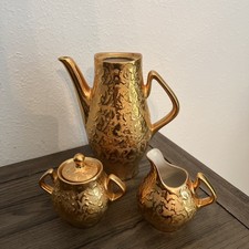Vintage Kingwood Ceramics 22K Weeping Gold Coffee Set Creamer Sugar Ohio USA picture
