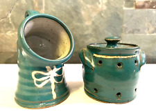 Salt Cellar + Garlic Keeper DRAGONFLY Handmade Studio Art Pottery Green Set picture