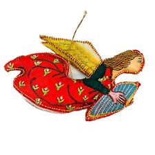 Vintage Embroidered Flying Angel Christmas Ornament Handmade Red Gold Treated picture