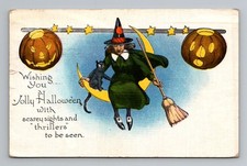 Halloween Postcard Metropolitan #363-4 Witch Black Cat Sitting Moon JOL Posted picture