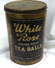 Vintage Large  600 White Rose Orange Pekoe Tea Balls Tin - 11.5 X 8.25 inches picture