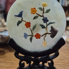 Vintage Chinese Jade Hardstone Inlaid Table Screen Plaque On Carved Wood Stand picture