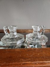 Cut Clear Glass Candlestick Holders Octagon Base • Handles • 4¼