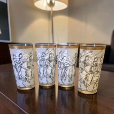 4 Vtg Cera Medieval Knights Highball Glasses 22K Gold Camelot Renaissance MCM picture