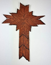 Vintage, Burnt Wood Matchstick Folk/Tramp Art Cross. Handmade. 1960. picture