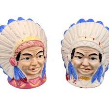 Vtg Chief Ceramic Salt & Pepper Shakers Hand-Painted Native American Japan 1950s picture