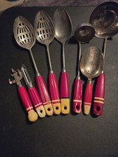 EKCO A & J Red Wood Handle Kitchen Utensil Set Vintage Lot 8 pieces picture