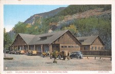 Yellowstone Park Wyoming Sylvan Pass Lodge Cody Road Vintage Cars Postcard picture