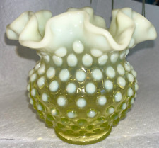 Vintage Fenton Ruffle Edge Hobnail Yellow Opalescent Vaseline Uranium Glass Vase picture