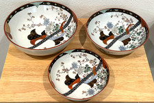 Rare Antique Japanese Kutani Ware Lot of 3 Hand Painted Porcelain Nesting Bowls picture