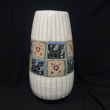Vintage MCM Korean Floral Bird Vertical Lines Vase - Has CRACK - READ picture