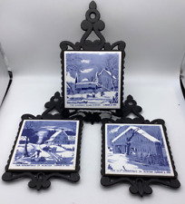 3 Vtg Currier & Ives Trivet Tiles Cast Iron Wall Plate Set Winter Homestead picture
