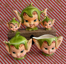 Vintage Lefton Pixie Elf Tea pot Sugar Creamer Salt and Pepper set picture
