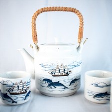 Vintage Handmade Dolphin Ship Boat Porcelain Shino Cup Japanese Teapot Set picture