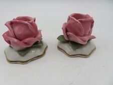 Vtg Pair of  Porcelain Dresden Sandizelle Pink Rose Candle Holders Germany picture