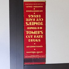 Tomer's Cut Rate Drugs Hanford Calif Air Conditioned Vintage Pharmacy Matchbook picture