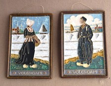 VTG cloisonne volendam delft plaque Dutch Boy and Girl Set decore wall art tiles picture