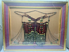 Vintage Bedouin Tribal Veil Face Covering Linen, Coins & Beads Framed 35”x27” picture