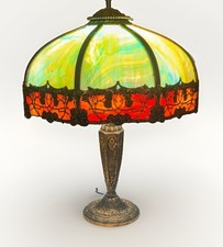 Salem Brothers 25” Table Lamp With Brass Overlay Green, Blue & Red Slag Glass picture