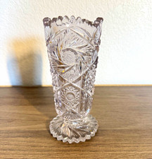 Vintage Clear Glass Footed Vase Pinwheel Starburst Sawtooth Rim 7