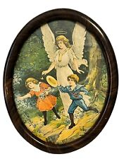 Vintage Guardian Angel With 2 Children Playing Framed Oval Picture Wall Hanging picture