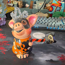 Vaillancourt Folk Art Hand-Painted Signed Wooden Pig Figurine #117 2021 picture