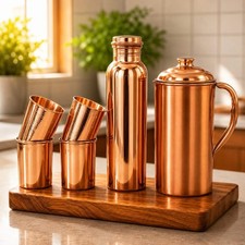 Ayurveda 100% Pure Copper Water Bottle Set with Copper Jug & 4 Glasses picture