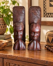 Vintage African Hand Carved Wood Bust Pair Signed Folk Art Sculptures 10.5” picture