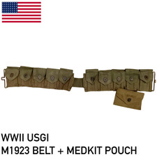 WWII 1944 MARKED M1923 GARAND CARTRIDGE BELT+ CARLISLE MEDKIT POUCH GREEN KHAKI picture