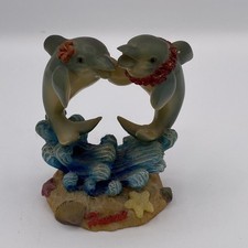 A Dolphin Couple Dancing on Ocean Waves Vtg Ceramic Hawaii Lei Flowers Beach picture