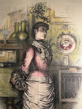 1882 THOMAS NAST HARPER’S WEEKLY CHRISTMAS FLIRTATION HAND COLORED 22”x 16” picture