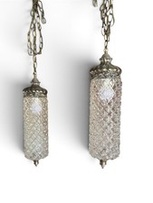 Vintage Hollywood Regency Pendant Lights Pair Textured Glass Brass MCM 20
