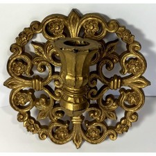 Vintage Homco Ornate Gold Plastic Round Wall Sconce 1973 Floral Candleholder MCM picture
