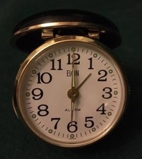 Elgin Black Enamel & Brass Clamshell Travel Alarm W/Alarm Issue Works Needs Fix picture