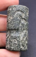 Natural Nephrite Jade Stone Sumerian Story Scene Intaglio Cylinder Seal Beads picture