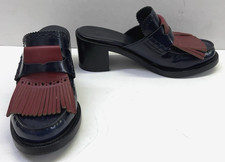 Burberry Bechshill Kiltie Fringe Woman Leather Mules Sz: 37 US 6.5 Navy & Maroon picture