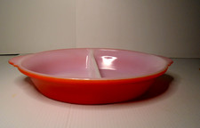 Vintage GLASBAKE Divided Oval Casserole Dish Bright Red 239 USA picture