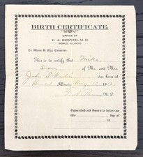 1912 Birth Certificate, Mike Skuba, Benld, Illinois picture