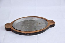 Vintage Oval Cast Iron Sizzler Pan with Wooden Base - kitchen Collectible India picture