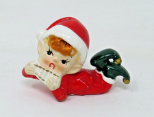 Vintage Napco Christmas Elf Pixie Playing Pan Flute Figurine Red Hair picture
