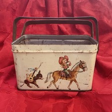 Vintage 1940s-1950s Cowboy & Cowgirl Metal Tin Pail Lunchbox with Handle picture